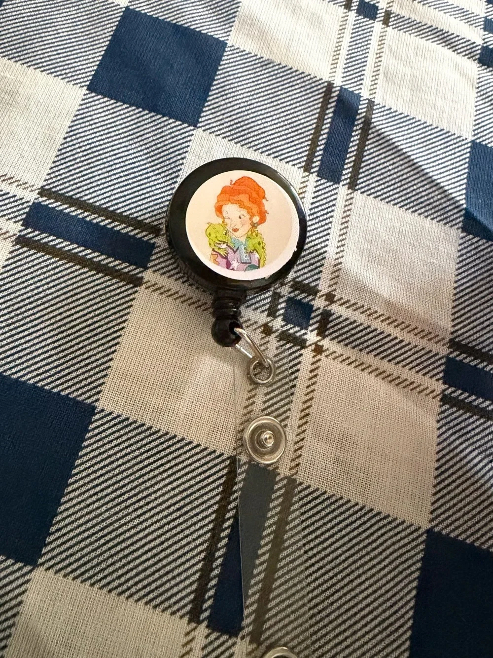 Vintage Cartoon Badge Reel with Red-Haired Character